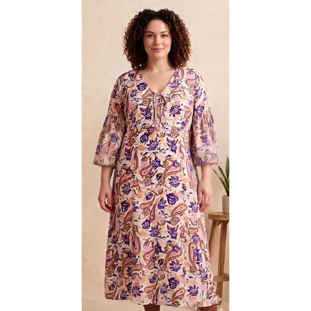 River Island Womens NWT Midi Size 22 Dress Floral Paisley Print Boho 3/4 Sleeve